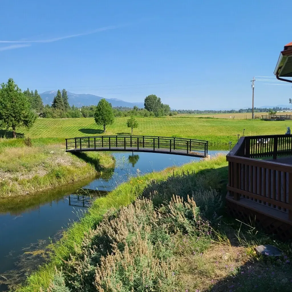 arch pedestrian bridge featuring wooden deck and railing over a creek in a scenic area.