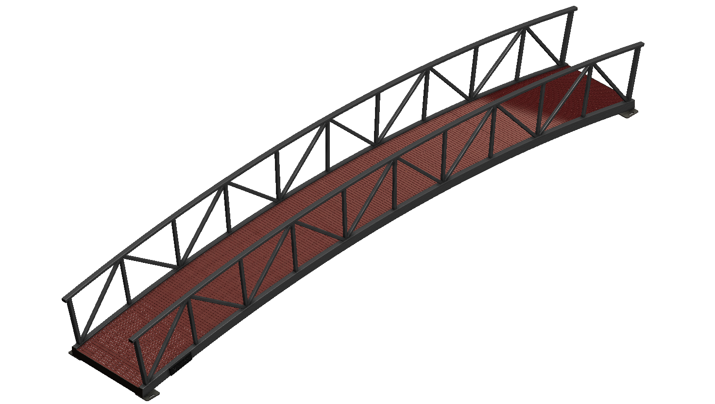 arched pedestrian bridge with metal railings and timber decking