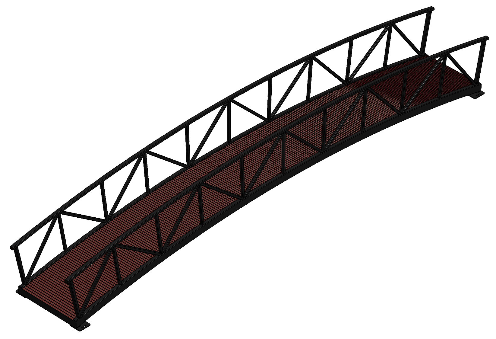 arched pedestrian bridge with metal railings and timber decking