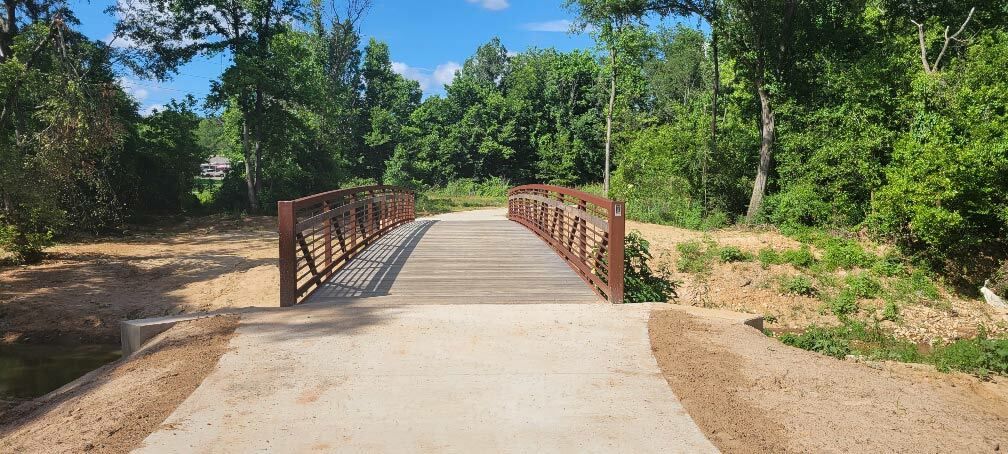 Pedestrian bridge featuring timber deck and steel guardrails in a wooded area.