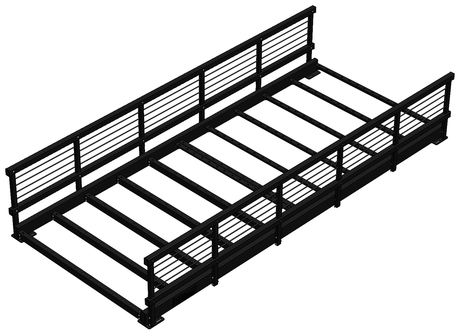 Pedestrian bridge with timber deck and black rails, ideal for pathways.
