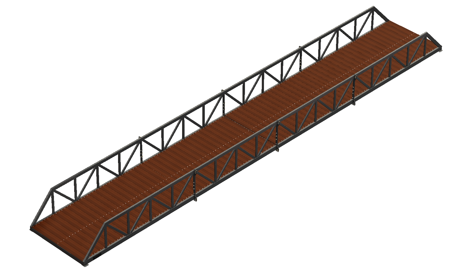 Warren truss pedestrian bridge with timber deck and black finish.