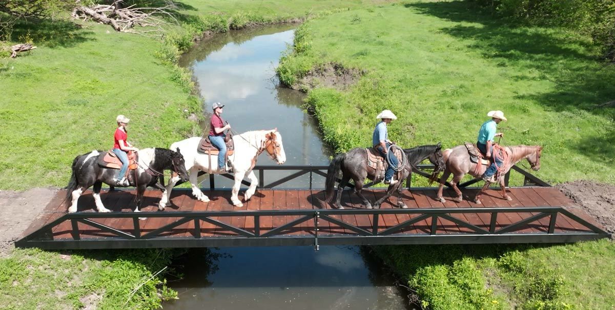 Warren truss bridge with timber deck used for horseback riding over a creek.