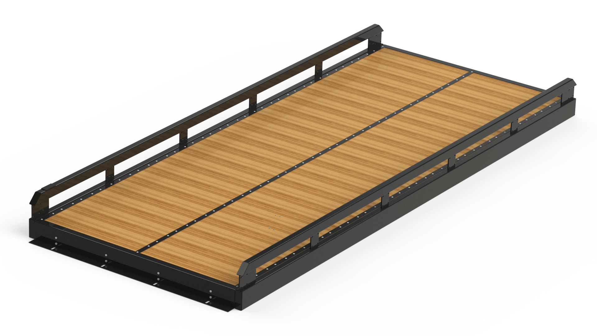 Pedestrian platform bridge with timber deck and black guardrails