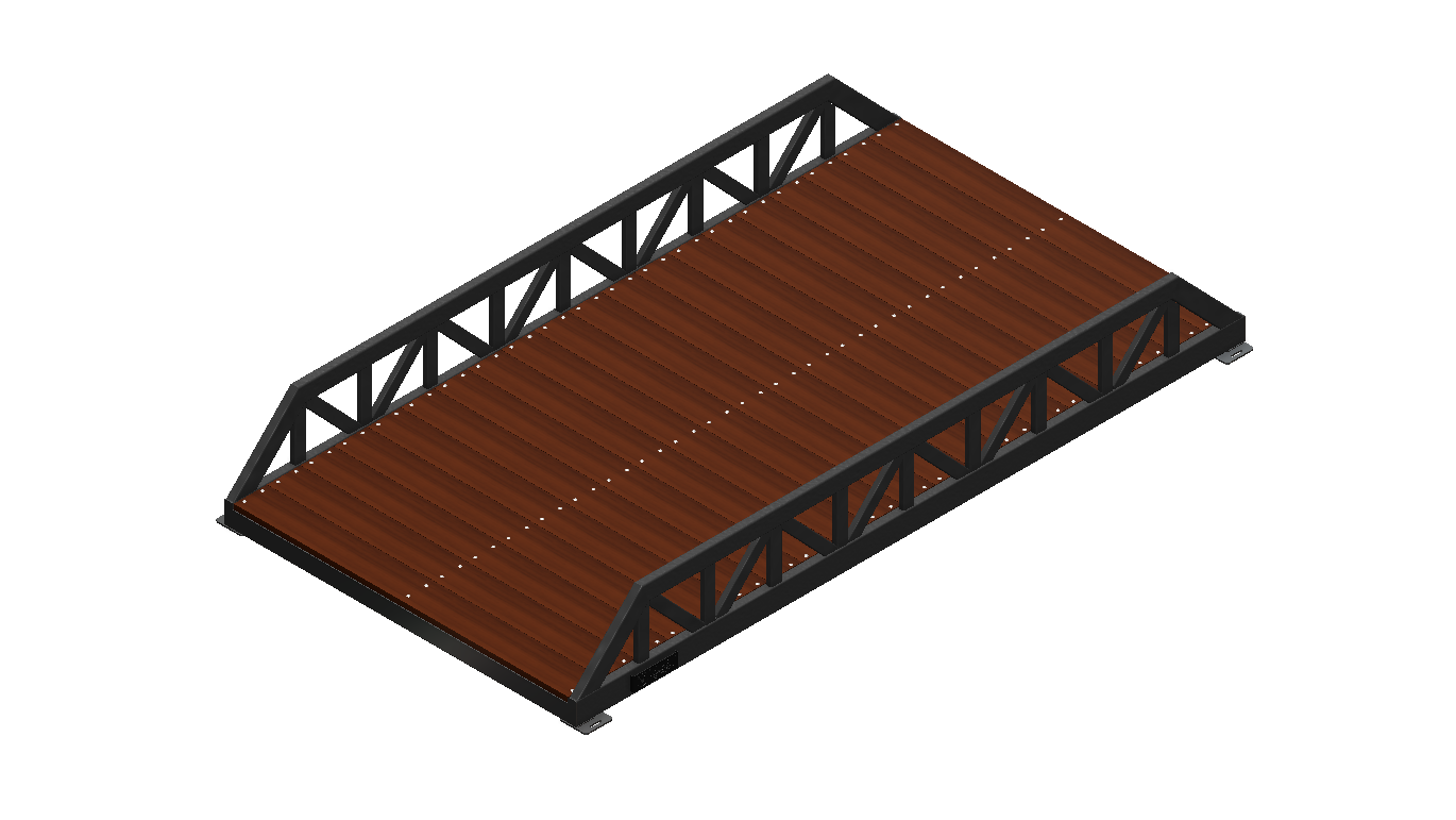 Modular pedestrian bridge with Warren truss, timber deck and black finish.