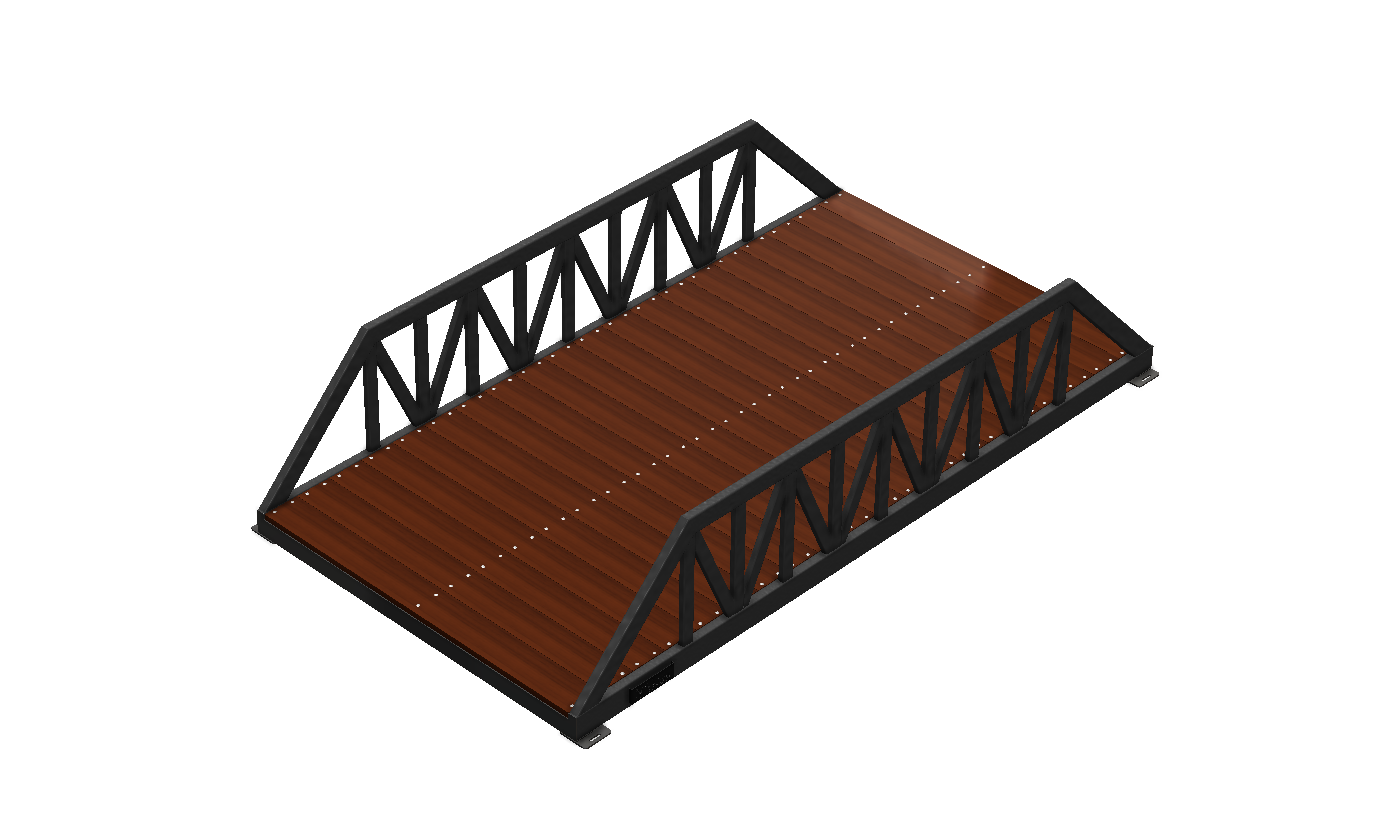 Modular pedestrian bridge with Warren truss, timber deck and black finish.