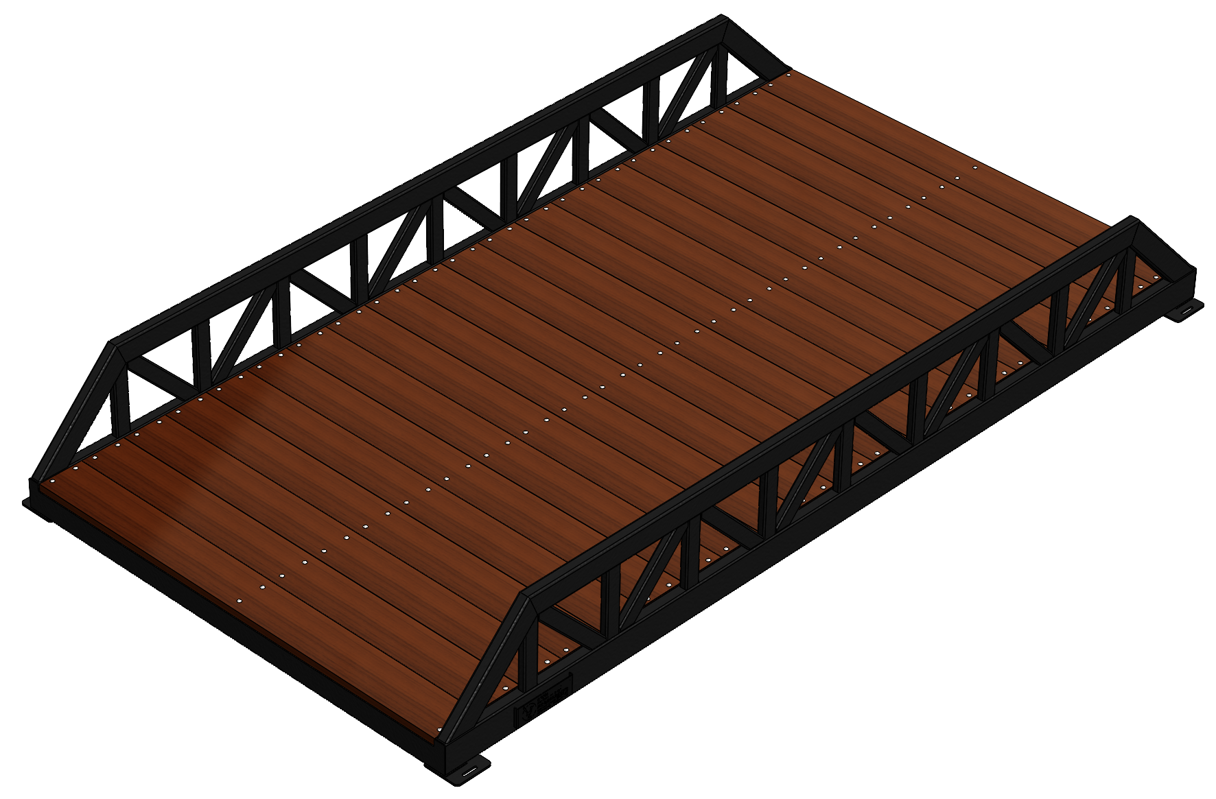 Modular pedestrian bridge with Warren truss, timber deck and black finish.
