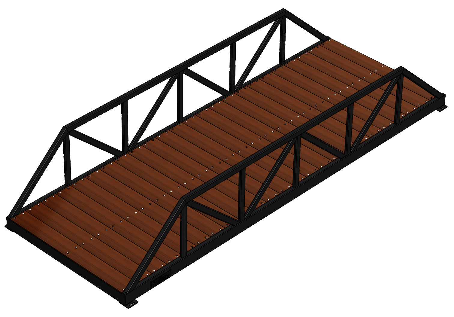 Modular pedestrian bridge with Warren truss, timber deck and black finish.