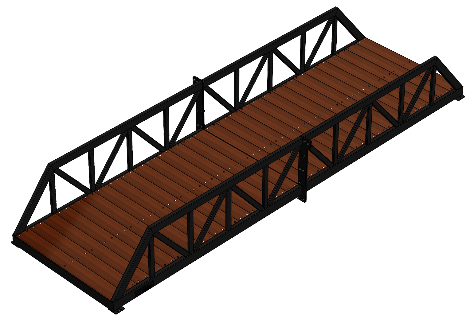 Modular pedestrian bridge with Warren truss, timber deck and black finish.