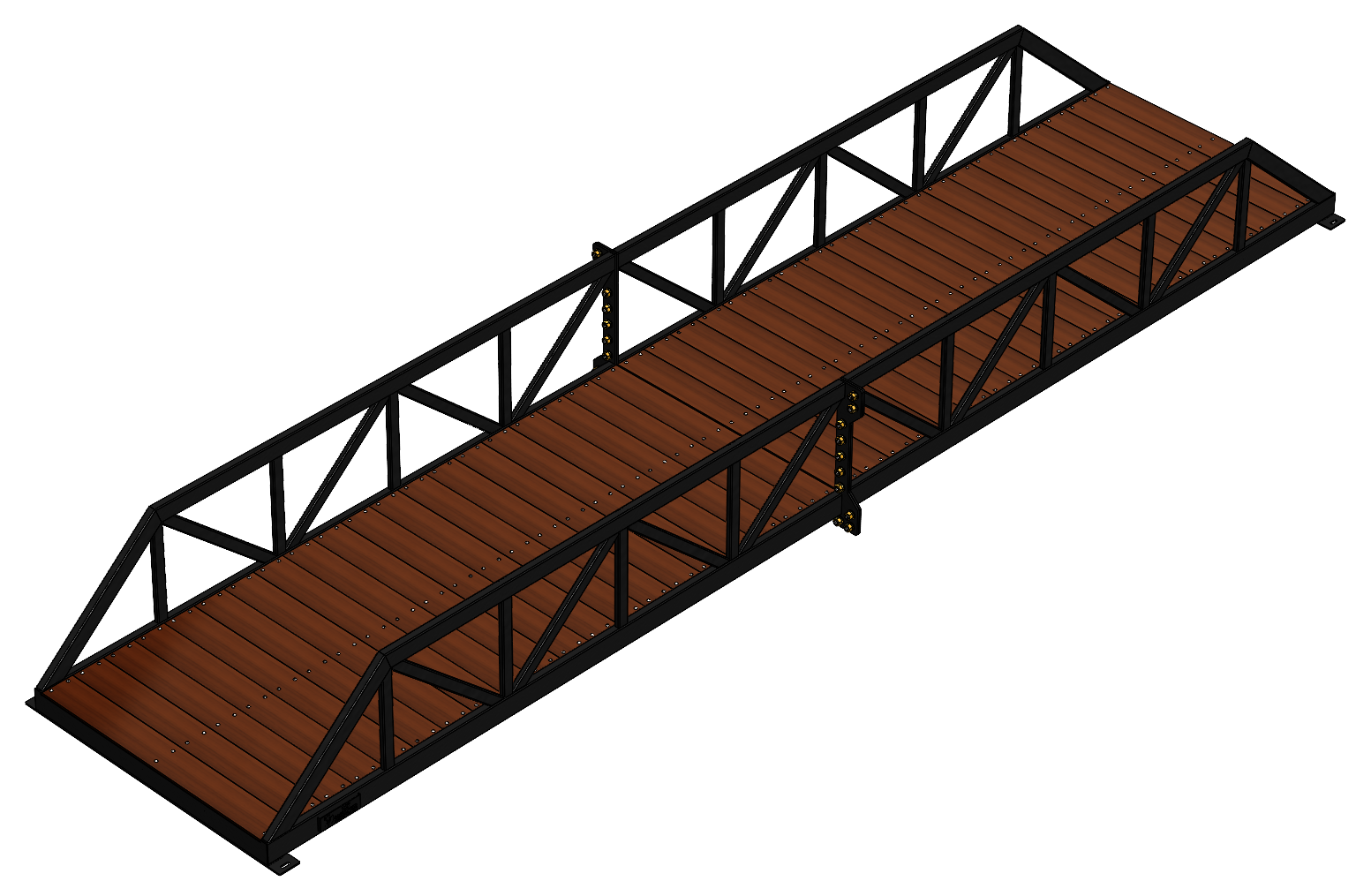 Modular pedestrian bridge with Warren truss, timber deck and black finish.